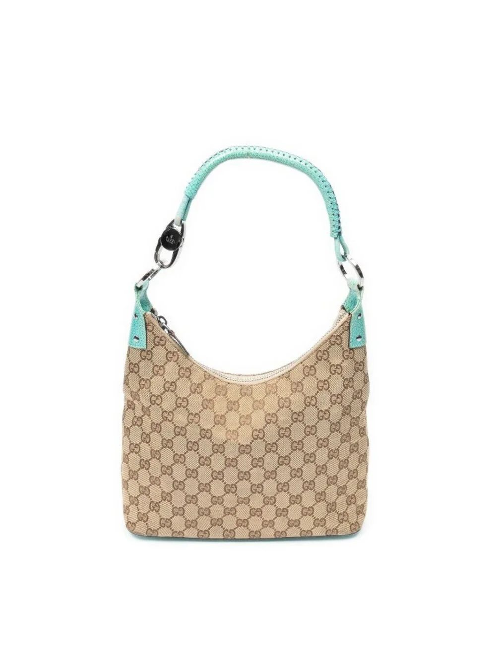 Gucci Ring Handle Zip Hobo Beige Teal GG Canvas